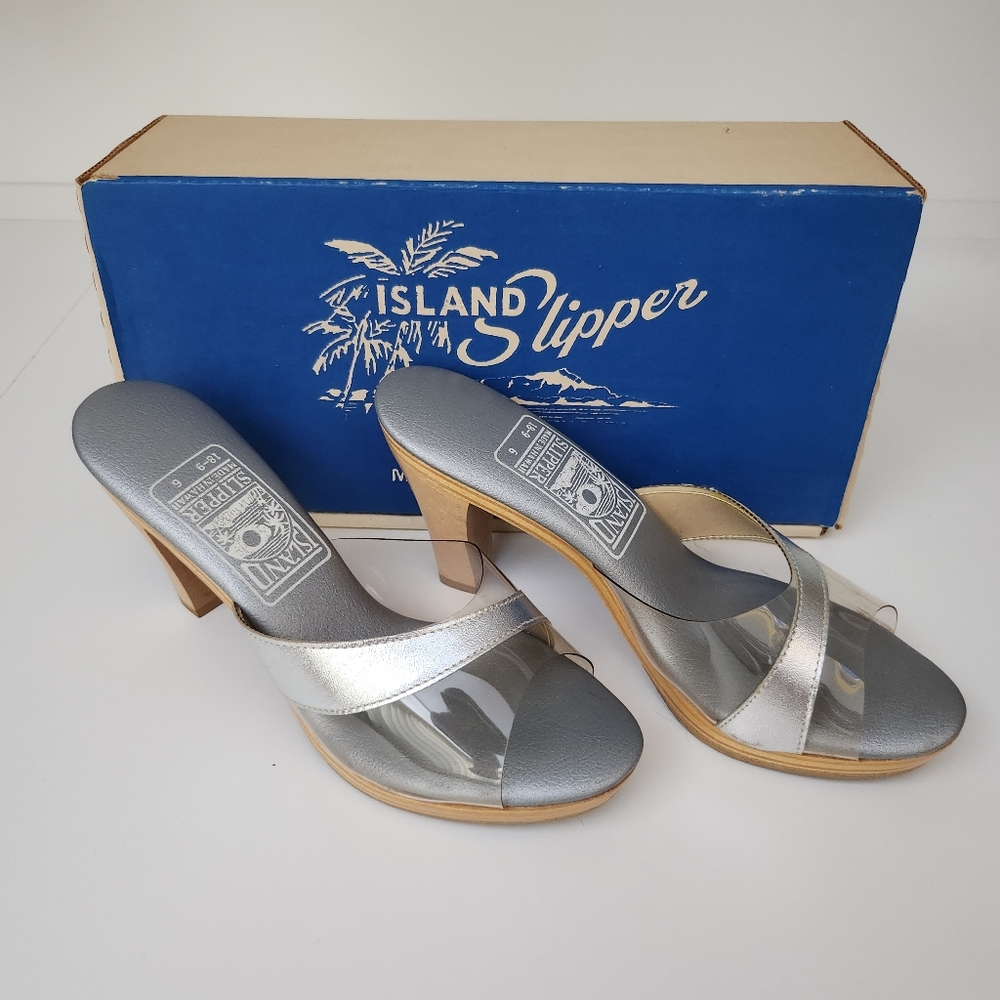 Vintage 1960s Island Slipper Wood Heel Sandals Silver Clear